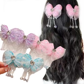iRIIRIO 6pcs Hair Bows Clips for Girls Hair Accessories with Flowers Crystal Beads Tassel Alligator Clips Hair Accessories for Toddler Kids Children Teens (3 Pairs, Pink/Blue/Purple)