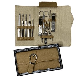 Manicure Pedicure Set, Nail Cutting kit -11pc-Quality Stainless Steel Tools, Nail Care Gift, Fingernail Clipper Case (Tan)