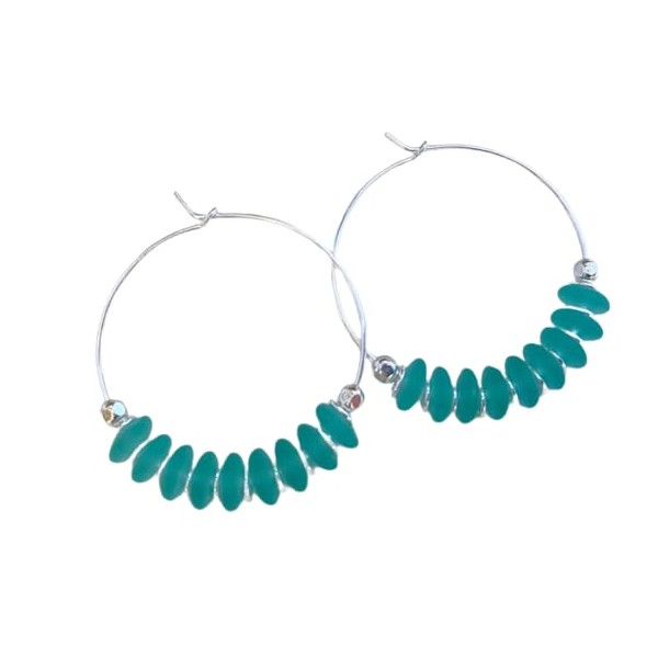 Teal Green Sea Glass Hoop Earrings, Sterling Silver, Gifts for