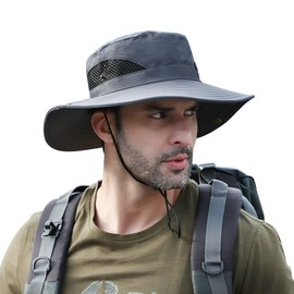 DORRISO Men's Wide Brim Sun Hat UV Protection Cowboy Hat with Chin Strap Foldable Hiking Hat Lightweight Travel Holiday Beach Hat Men's Camping Hat, gray