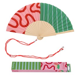 Fisura – Ventaglio in legno fantasia onde e righe rosa e verde, accessorio estivo moderno e vivace, con laccetto incluso, idea regalo donna, 42,5 x 23 cm