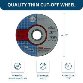Benchmark Abrasives 4-1/2" Aluminum Oxide Quality Thin Cut Off Wheel for Metal and Stainless Steel 7/8" Arbor, Fiberglass Iron Cutting Wheel Use with Grinder - 50 Pack
