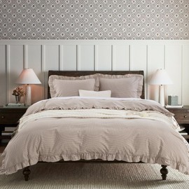 DAUAOTO Full Size Ruffle Duvet Cover Set, 100% Cotton, Kids Teen Girls Duvet Cover 82"X86" + 2 Shams, Yarn Dyed Checkered Gingham Tan