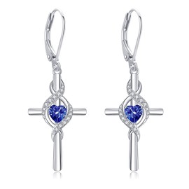 ONEFINITY Cross Earrings for Women 925 Sterling Silver Cross Birthstone Dangle Drop Earrings Infinity Cross Religious Jewelry Gifts for Women (09-Sept-Created Sapphire)