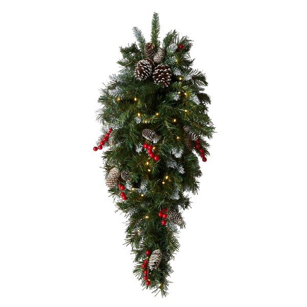 National Tree Company Pre-Lit Artificial Christmas Teardrop, Green, Frosted Berry, White Lights, Decorated with Pine Cones, Berry Clusters, Frosted Branches, Christmas Collection, 36 Inches