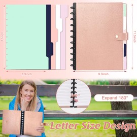 SKLENICE PU Leather Discbound Notebook 8.5" x 11" Disc Bound Planner Supplies with Discs 5 Tab Note Dividers & 60 Pages Wide Ruled Disc Planner for Work Travel Note Taking (Letter Size,Rose Gold)