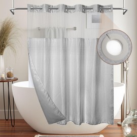 MEKOTRIN Hookless Shower Curtain with Snap on Liner Waffle Fabric Double Layer, 74 x 71 Inch Weighted Grey Shower Curtains with Viewing Window, Bath Curtain Waterproof for Bathroom Hotel(Grey)