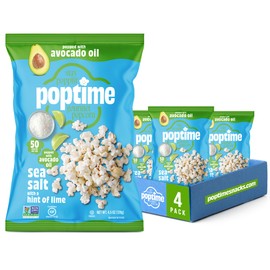Poptime Popcorn Bags – Sea Salt Popcorn With a Hint of Lime, Healthy Snack Popped With Heart-Healthy Avocado Oil, Crunchy, Zesty, Gluten Free, Vegan, Low Calorie, Non-GMO, Kosher - 4.5 oz - Pack 4