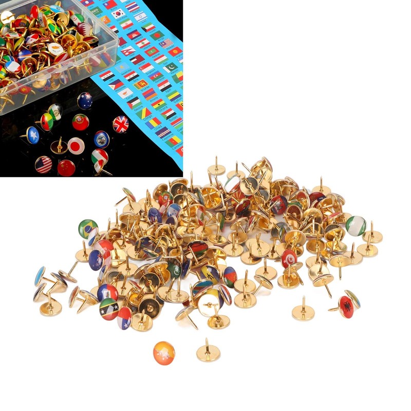 200 Pcs National Flag Thumb Tacks, Country Map Push Pins