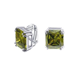 Traditional Classic Large Statement 7CT Emerald Cut Simulated Olive Green Peridot AAA CZ Solitaire Clip On Stud Earrings For Women Silver Plated Non Pierced 14MM
