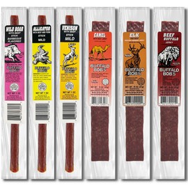 Buffalo Bob's Wild Game Meat Snacks (6 Pack) | Exotic Jerky Sampler | Beef Jerky Gift Set, Snack Baskets for Men, Meat Gifts for Dad | Wild Boar, Alligator, Elk, Buffalo, Venison, Camel | Exotic Pack