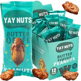 YAY NUTS Butter Toffee Peanuts – Sweet & Salty Crunchy Roasted Peanuts Coated in Caramelized Butter Toffee - All-Natural, Made in USA – Guilt-Free Treats for On-the-Go Snacking - 12-Pack of 2oz Bags