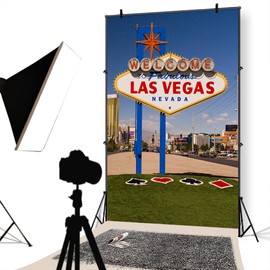 YongFoto 3x5ft Photography Backdrop Welcome to Las Vegas Grass Sign Post Grassy Lawn City Landmark Telegraph Pole Street Photo Background Photographic Backdrops Party Kids Baby Photo Studio Props