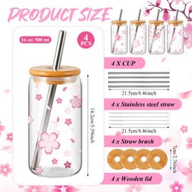 Zhehao 4 Pcs Sakura Boba Cups 16oz Iced Coffee Cups Mason Jar with Lid and Straw Kawaii Cup Cute Glass Cups with Sakura Design Reusable Wide Mouth Boba Tumbler Christmas Bubble Tea Cup Gift