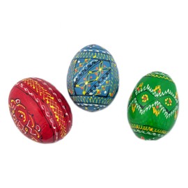 Needzo Catholic Orthodox Wooden Resurrection of Christ Jesus Triptych Icon and 3 Ukrainian Pysanky Hand Painted Wooden Easter Eggs, Gift Set, Easter Decorations