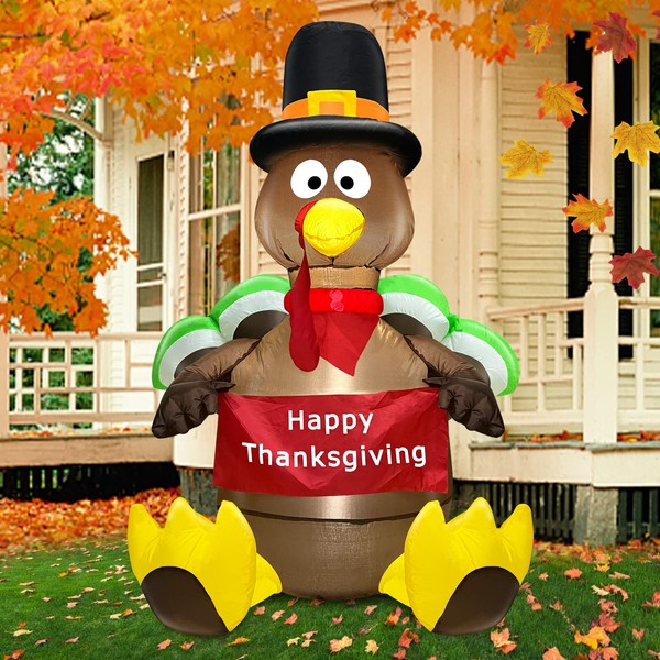 TURNMEON 4 Ft Thanksgiving Inflatable Decorations Outdoor, Blow up Turkey Holds Happy Thanksgiving Banner LED Lights for Yard Lawn Garden Fall Autumn Thanksgiving Decoration Home Decor Outside Indoor