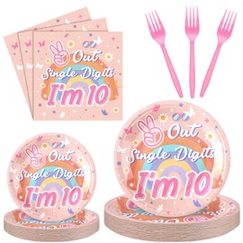 Yungyan 96 Pcs 10th Birthday Decorations for Girl Tableware Peace Out Single Digits Party Decor Double Digits Birthday Plates Napkin Fork Set Peace out Single Digits Plates and Napkins for 24 Guests