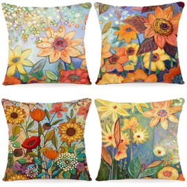 ZWJD Flower Cushion Cover, 40 x 40 cm, Set of 4, Outdoor Cushion Covers, Linen Cushion Covers, Floral Watercolour Painting, Cushion Covers for Sofa, Living Room, Decorative Cushion, 40 x 40 cm