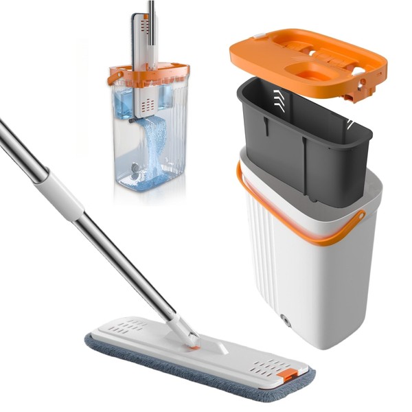Fieploom Flat Mop and Bucket with Wringer Set, Separate Dirty and Clean Water,Flat Mop and Bucket System for Floor Cleaning with 3 Chamber for Dry and Wet, 360° Rotating Mop Head, 3 Microfiber Pads