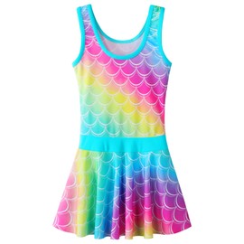 Traje de baño de una pieza UPF 50+ con falda floral modesto vestido de natación de playa de 3 a 11 años, Lazo de arco iris, 5-6 Años