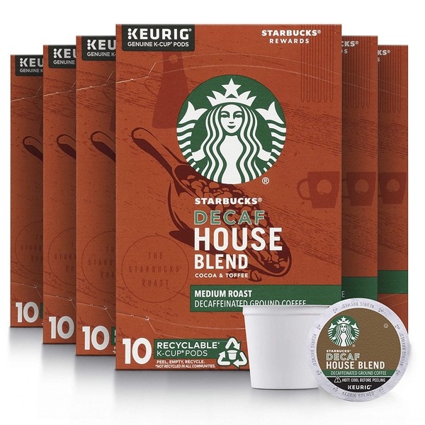 Starbucks Decaf K-Cup Coffee Pods — House Blend for Keurig Brewers — 6 boxes (60 pods total)