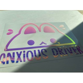 Cute Anxious Driver Vinyl Car Decal, Funny New Driver Bumper Sticker, Gen Z Meme Bumper Decal, Nervous Student New Driver Decal, Holographic Decal for Car Truck SUV (BUNNY anxious driver)