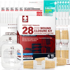 EVERLIT CARE Wound Closure Kit | 28 Pcs All-in-One First Aid with Suture-Free, Stitchless Zip Devices, Butterfly Bandages, for up to 6" Wounds | 100% Sterile Medical Supplies to Clean, Cover & Heal