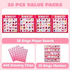 JOYIN Juego de bingo para el día de San Valentín, 28 jugadores, tarjetas de juego de bingo para juegos de cartas de fiesta para niños, juegos de aula escolar, suministros para fiesta de San Valentín,