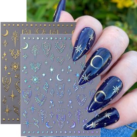 Moon Heart Star Nail Art Stickers Decals, 3D Self-Adhesive Heart Moon Star Nail Decals Laser Star Design Stickers Nail Charms Supplies for Women Girls Acrylic Nail Art Decoration Accessories 6 Sheets