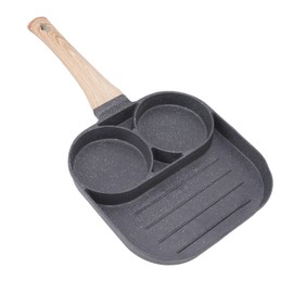 Egg Frying Pan 2 Round Cup 3 Section Stick Proof Breakfast Cooking Pan with Wooden Handle for Induction Gas Stove