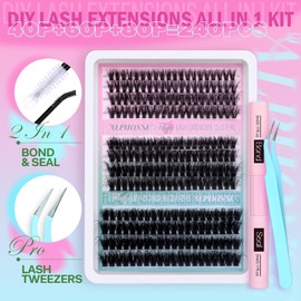 Fluffy Lash Clusters Kit 40D+60D+80D Volume Cluster Eyelash Extensions Kit 10-20MM Eyelash Clusters D Curl Eye Lash Extension Lash Kit with Bond and Seal Lash Glue by ALPHONSE
