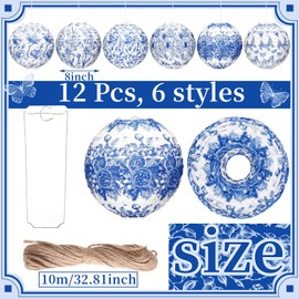 Rossesay 12 Pcs Blue and White Paper Lantern 8 Inch Chinoiserie Lanterns Blue Flower Hanging Lantern Indoor Outdoor Spring Decorative Round Lanterns Hanging Decor Ornaments for Wedding Bridal Shower