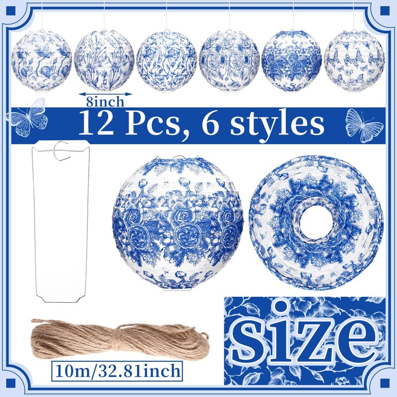 12 Pcs Blue and White Paper Lantern 8 Inch Chinoiserie