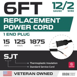 Iron Forge Cable 12 Gauge Replacement Power Cord with Open End - 6 ft, 2 Wire Black Extension Cable, 2 Prong Power Cord for Appliances, Motors or Tools - 12/2 SJT