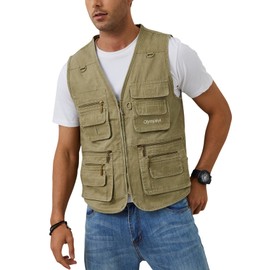 Gihuo Men's Fishing Vest Utility Travel Safari Cargo Outdoor Work Photo Fly Vest with Multi Pockets Sleeveless Jacket (XXL, Beige)