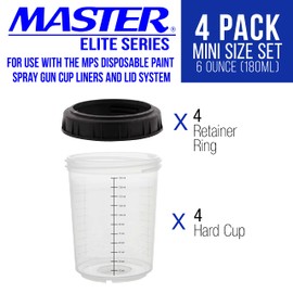 Master Paint System MPS, 4 Pack Set of Mini Size 6 Ounce (180ml) Hard Cups and Retainer Rings - 4 Hard Cups and 4 Rings for Use with The MPS Disposable Paint Spray Gun Cup Liners and Lid System