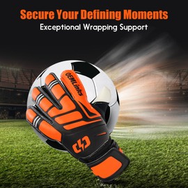 Aegicormy Youth&Adult Soccer Goalie Goalkeeper Gloves,Embossed Anti-Slip Latex Palm,Provide Extreme Strong Control and Grip (Orange with Finger Guard, 8)