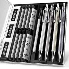 Four Candies 0.7mm Metal Mechanical Pencil Set (with Case) - 4-piece Set with HB Lead Refills, Eraser, and Drafting/Writing Leads
