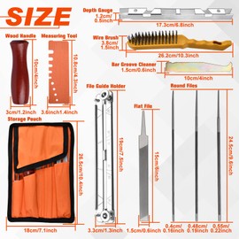 LEONTOOL 10 Pcs Chainsaw Sharpener File Kit, 5/32", 3/16", 7/32" Round Files, 6" Flat File, Wire Brush, Wood Handle, Depth Gauge, Quick Check Gauge, Filing Guide, Tool Pouch, Chain Saw Sharpener Tool