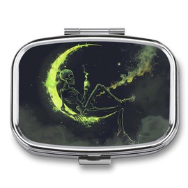 Metal 2 Compartment Pill Organizer Travel Friendly Portable Compact Pill Box Cute Pill Case to Hold Vitamins,Fish Oil,Supplements,Meds,Tablet for Purse,Pocket. (The Skeleton on The Moon)
