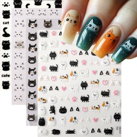 4 Sheets Cats Series Nail Stickers Cats Lover Nail Art Stickers Embossed Nail Decals with Siamese Calico Cat Black Cat Designs Cute DIY Self-Adhesive Nail Art Supplies