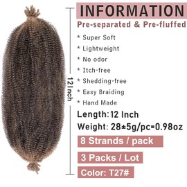 Xtrend 3 Packs 12 Inch Copper Red Soft Springy Afro Twist Hair Pre-Separated Spring Twist Hair for Faux Locs Natural Marley Twist Crochet Braiding Hair Synthetic Hair Extensions 8 Strands/Pack T27#