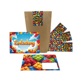 12 Einladungskarten zum Kindergeburtstag Jungen Bausteine Mädchen Kinder coole bunte Einladungen Geburtstag Geburtstagseinladungen Kids inkl. 12 Umschläge, 12 Tüten, 12 Aufkleber