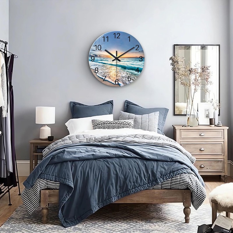 Constantplanet Blue Beach Wall Clock for Kitchen 14 Inch Round