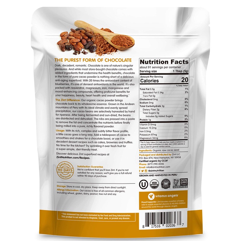 Zint Organic Cacao Powder (16 oz): Raw Non-Alkalized Chocolate With