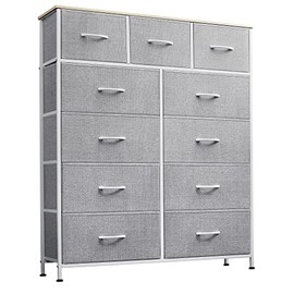 WLIVE 11-Drawer Dresser, Fabric Storage Tower for Bedroom, Hallway, Nursery, Closets, Tall Chest Organizer Unit with Textured Print Fabric Bins, Steel Frame, Wood Top, Easy Pull Handle, Light Grey