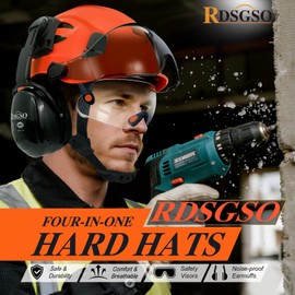 RDSGSO Safety Hard Hats with Visor and Ear Muffs Vented Lightweight 6 Points Suspension Construction Safety Helmet ANSI Approved (08C-Orange-CTV-B02E)
