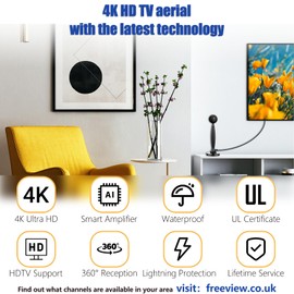 4K HD TV Aerial - Amplified Digital HDTV Aerial with Signal Booster for Local Channels - 360° Long Reception Indoor Aerial Support All Types TV