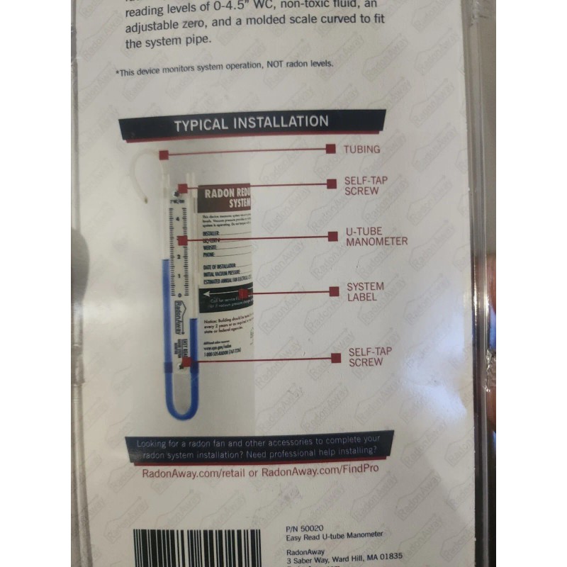 RadonAway Radon System Monitor Easy-To-Read U-Tube Manometer W/ Tubing &