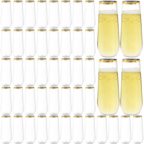 Hacaroa 48 Pack Plastic Stemless Champagne Flutes, 9 Oz Crystal Clear Toasting Glasses Highball Cups, Disposable Mimosa Glasses for Wine, Cocktail, Bar, Party, Wedding, Shatterproof, Gold Rim